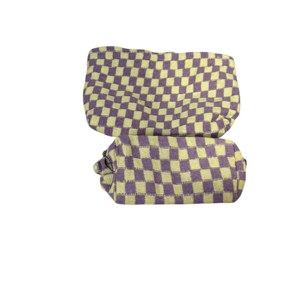 NEW 2Pcs Checkered Cosmetic Bag and Brush Bag - Yellow/Purple